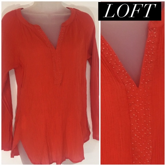 LOFT Tops - Loft Coral long slv Beaded Y neck tunic Top  XS🎈